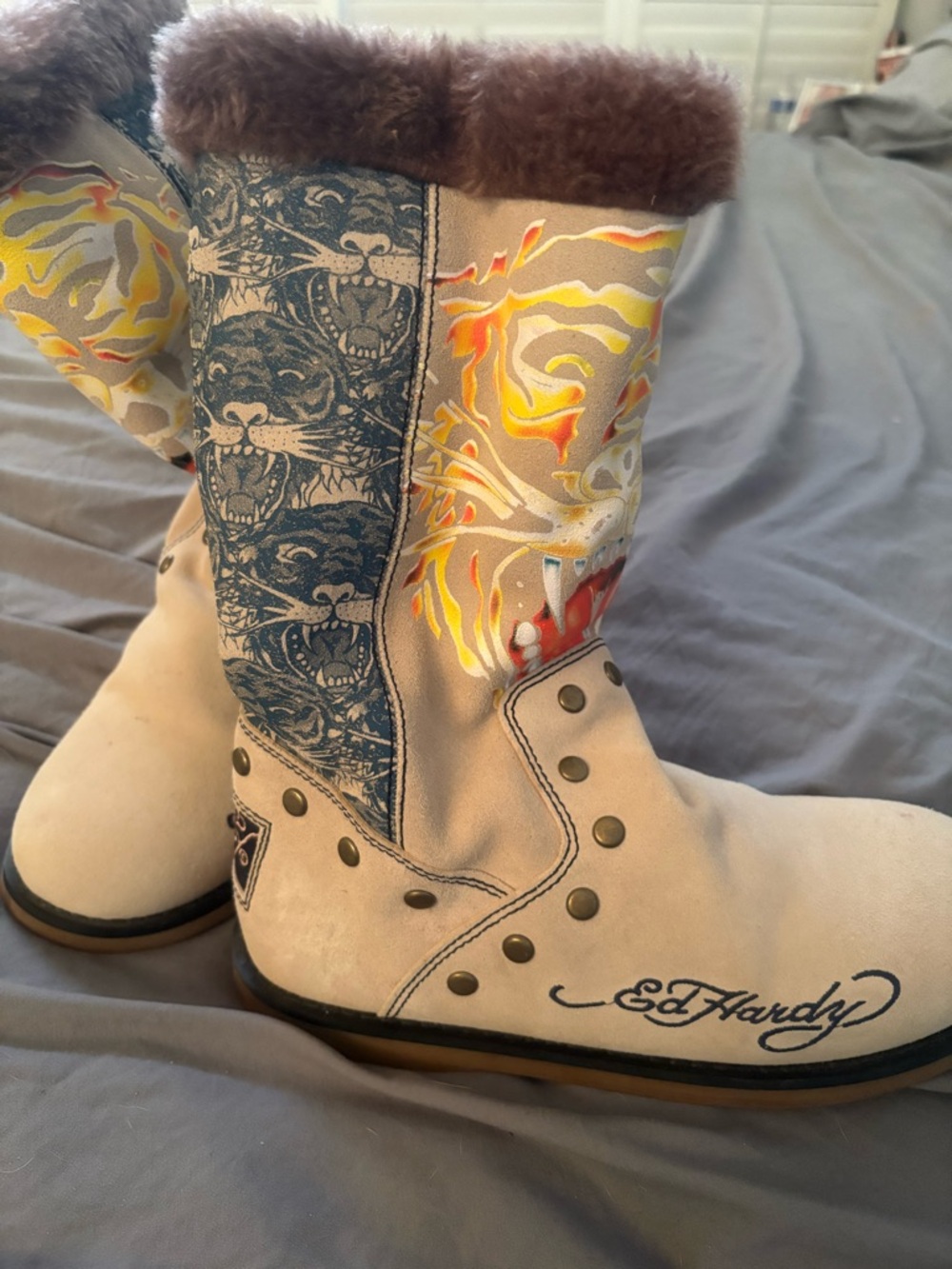 Ed Hardy Tiger Fur Lined Boots Women’s Size 9 Suede Y2K Rare